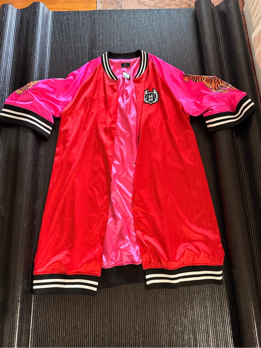 Dressed in LALA Red and Hot Pink Satin Bomber Cape - Picture 2 of 7